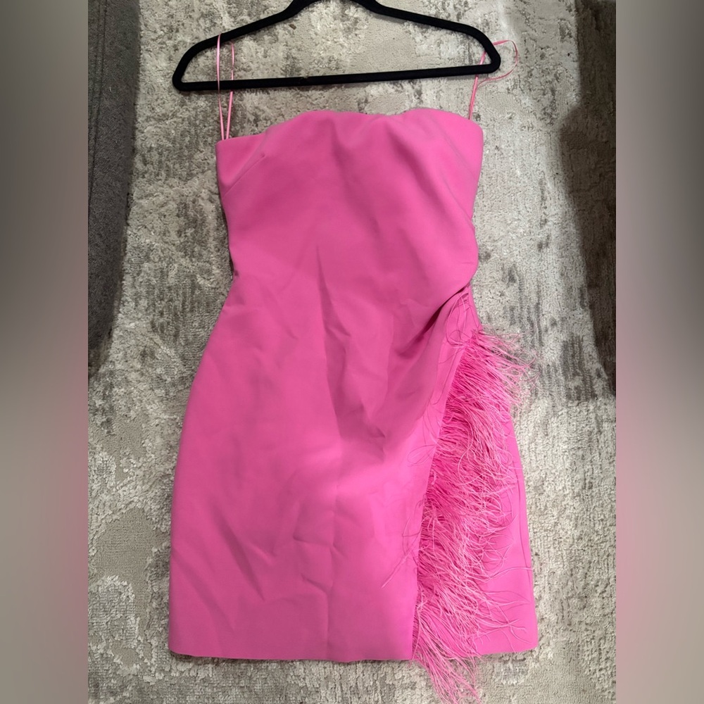 Likely Strapless Pink Dress with Feather Accent
